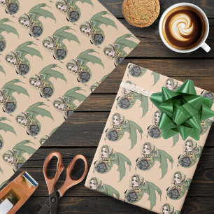 Elf Warrior Dragon Fantasy Magical Mediaeval Peach Wrapping Paper