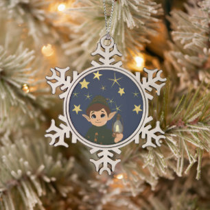 Elf Watcher Starry Night Pewter Snowflake Ornament