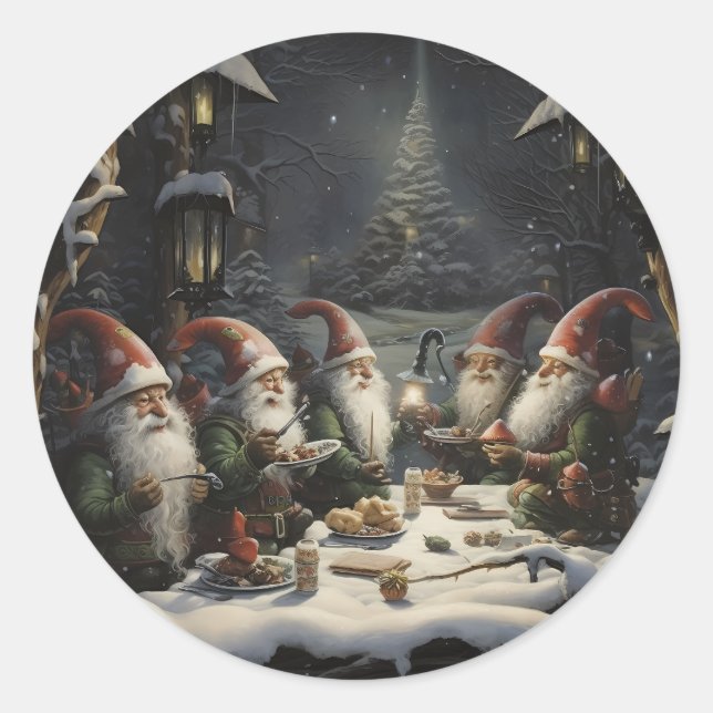 Elf Winter Dinner in the Woods Christmas Elves Classic Round Sticker (Front)