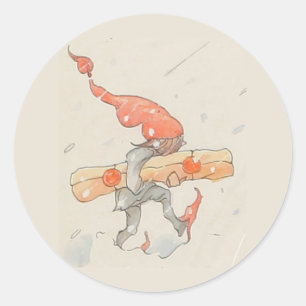 Elf with Christmas present, old illustration Classic Round Sticker