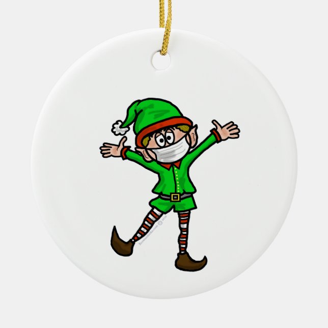 Elf with Mask COVID-19 Christmas Ornament (Front)