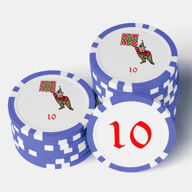Elf With Polka Dot Gift blue 10 striped poker chip (Stack)
