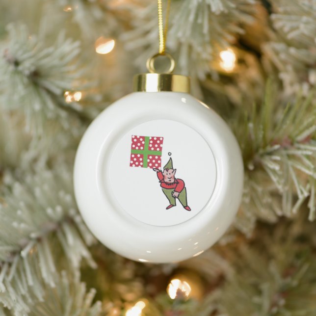 Elf With Polka Dot Gift ceramic ball ornament (Tree)