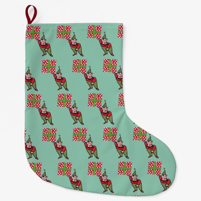 Elf With Polka Dot Gift Christmas stocking large (Front)