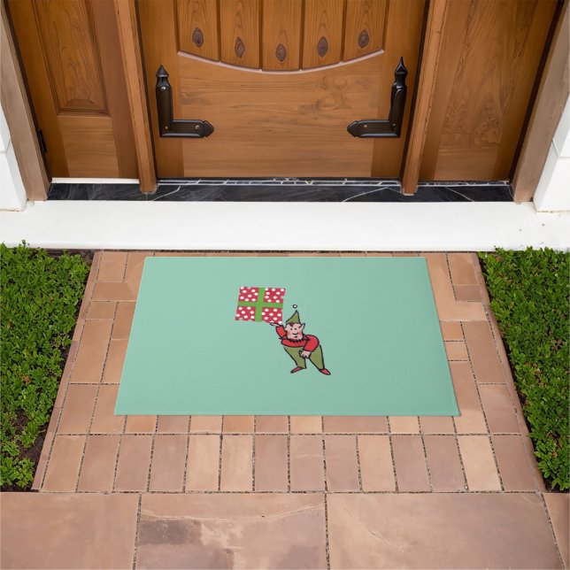 Elf With Polka Dot Gift green doormat (Outdoor)