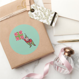 Elf with Polka Dot Gift green round large stickers