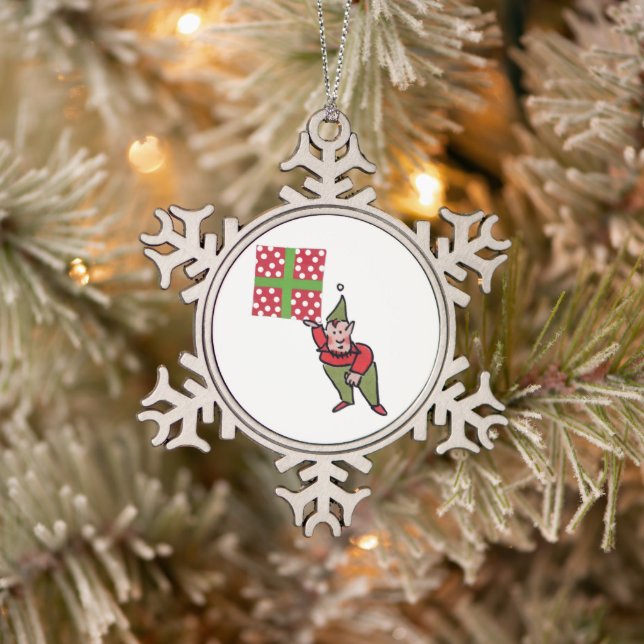 Elf With Polka Dot Gift pewter snowflake ornament (Tree)