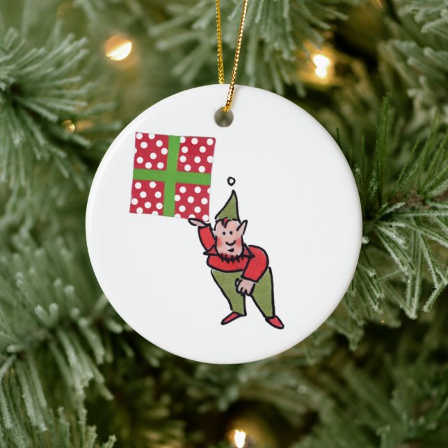 Elf With Polka Dot Gift round ceramic ornament (Tree)