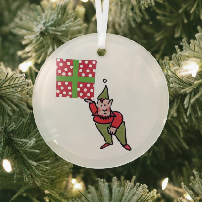 Elf With Polka Dot Gift round glass ornament (Insitu)