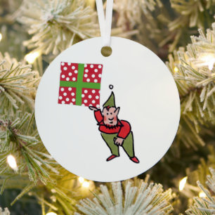 Elf With Polka Dot Gift round metal ornament
