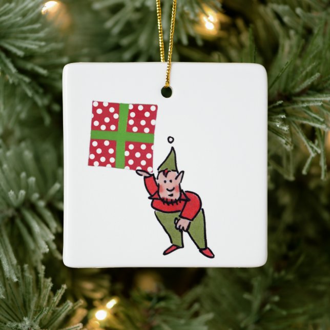 Elf With Polka Dot Gift square ceramic ornament (Tree)