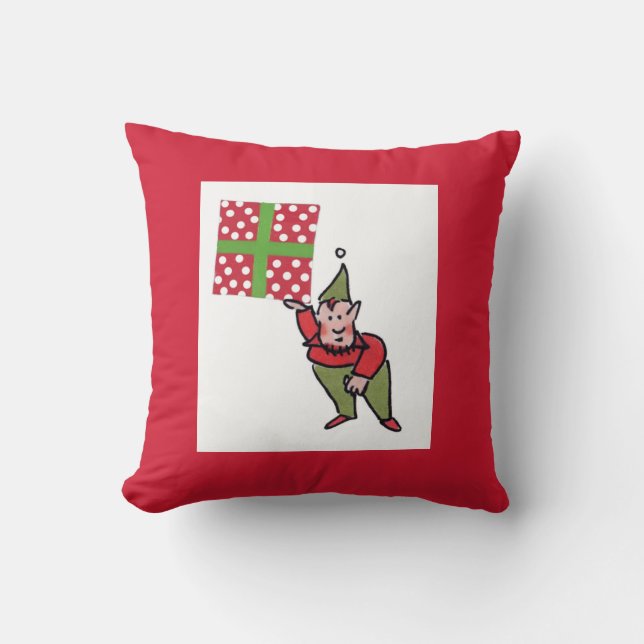 Elf With Polka Dot Gift square red throw pillow (Front)