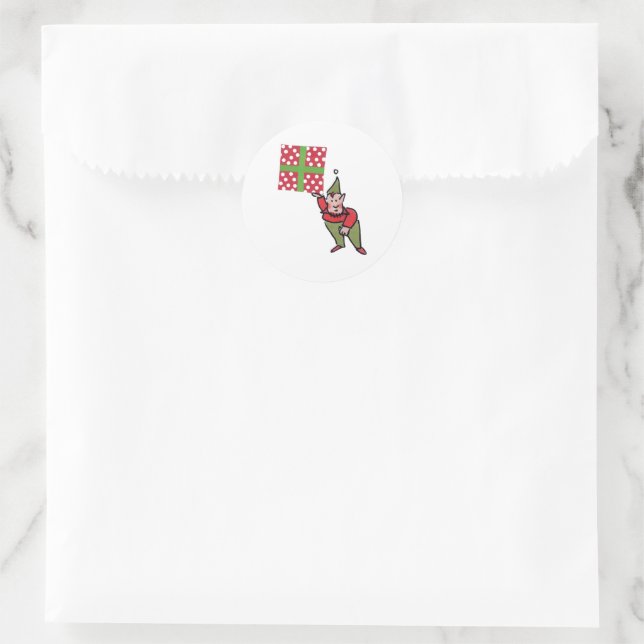 Elf with Polka Dot Gift white round small stickers (Bag)