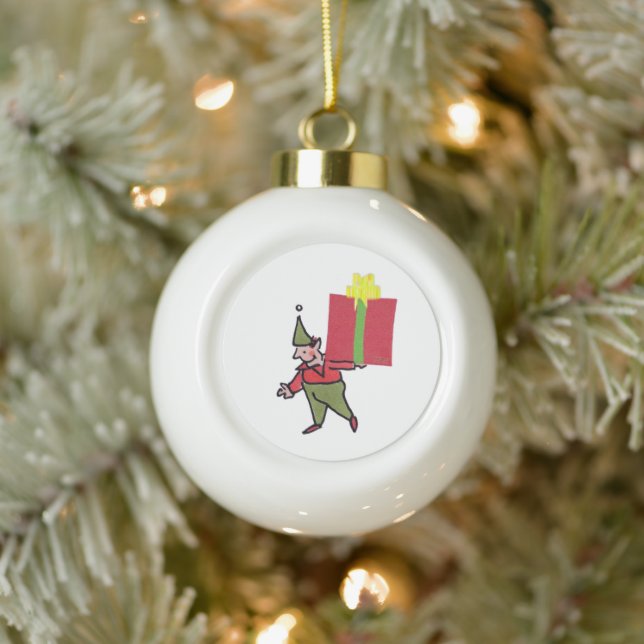 Elf With Red Box ceramic Christmas ball ornament (Tree)