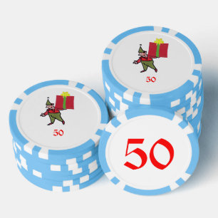 Elf With Red Box light blue 50 striped poker chip