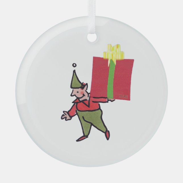 Elf With Red Box round glass ornament (Front)