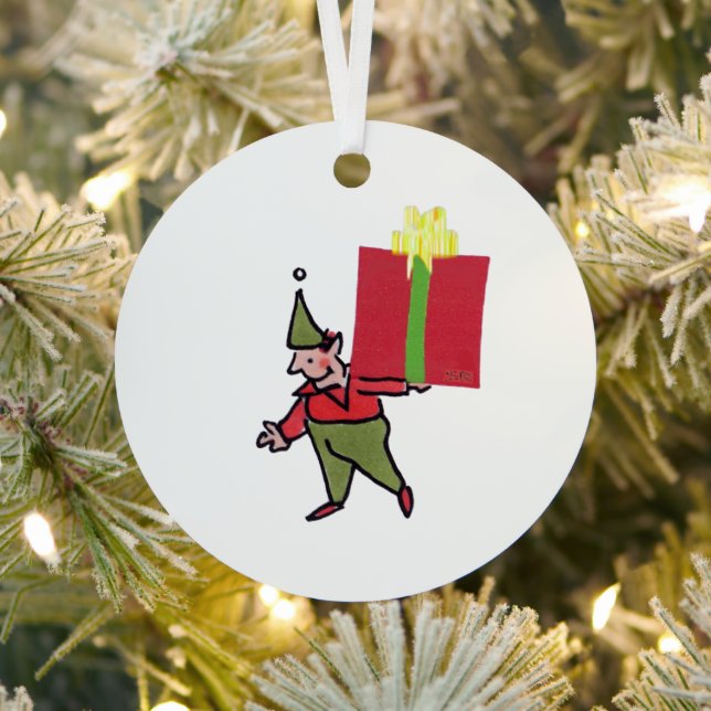 Elf With Red Box round metal ornament (Insitu)