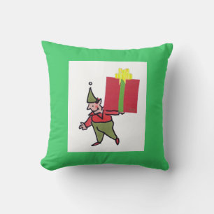 Elf With Red Box square green throw pillow