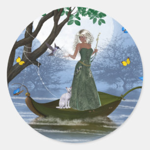 Elf with White Cat Riding on a Leaf Stickers