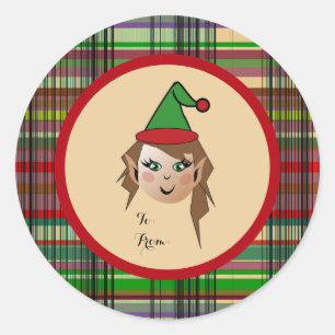 Elfie w/round Plaid pattern backgroud Design Classic Round Sticker
