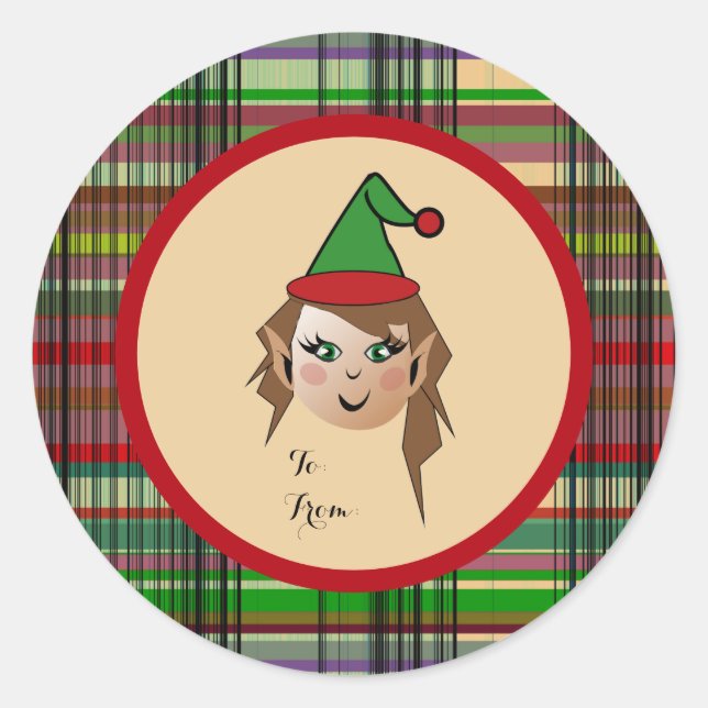 Elfie w/round Plaid pattern backgroud Design Classic Round Sticker (Front)