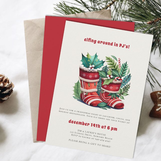 Elfing PJs Friendsmas Funny Christmas Party Invitation (friendsmas christmas party invitation funny elfing around in pj elf slippers watercolor)