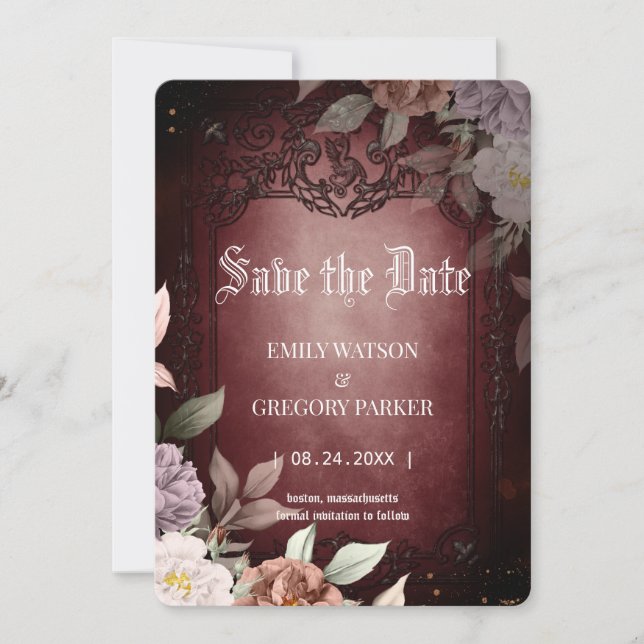 Elgant Gothic Teal Rust Red,Rose Framed  Save The Date (Front)