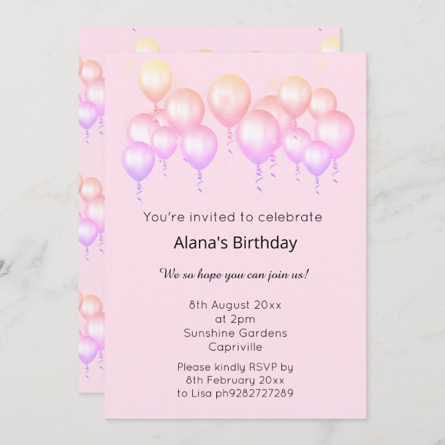 ELGANT MODERN BALLOON PRETTY PASTEL BIRTHDAY INVITATION (Front/Back)