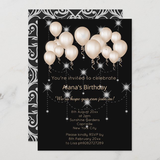 ELGANT MODERN DAMASK BLACK SILVER BALLOON INVITATION (Front/Back)