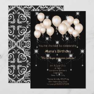 ELGANT MODERN DAMASK BLACK SILVER BALLOON INVITATION