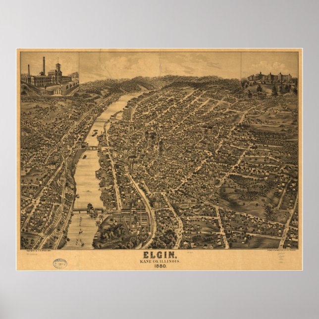 Elgin Illinois 1880 Antique Panoramic Map Poster (Front)
