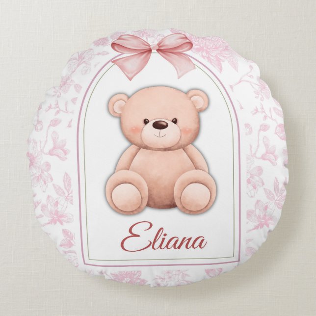 Eliana | Custom Pink Teddy Bear Nursery Design  Round Cushion (Front)
