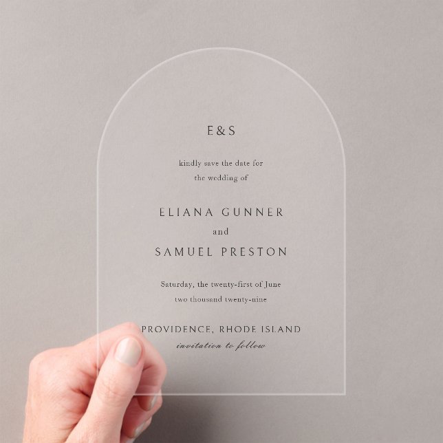 Eliana Monogram Classic Wedding Save the Date Acrylic Invitations (Insitu (Handheld))