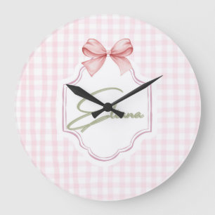 Eliana Personalized Pink Bow & Gingham Print Large Clock