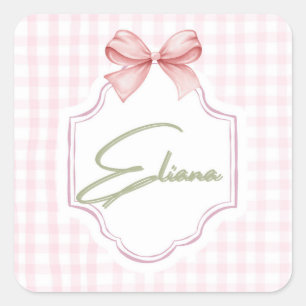 Eliana Personalized Pink Bow & Gingham Print  Square Sticker