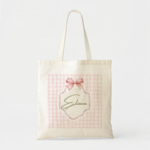 Eliana Personalized Pink Bow & Gingham Print  Tote Bag