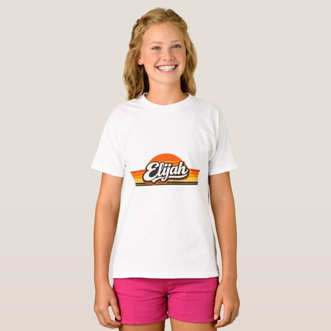 Elijah Retro Sunset Name Design T-Shirt (Front Full)