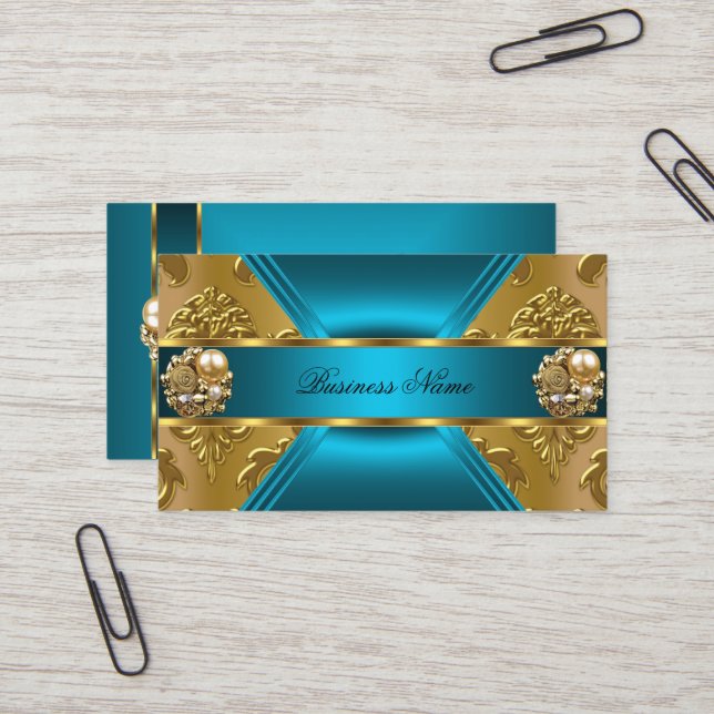 Elite Business Teal Blue Gold Damask Jewel Card (Front/Back In Situ)