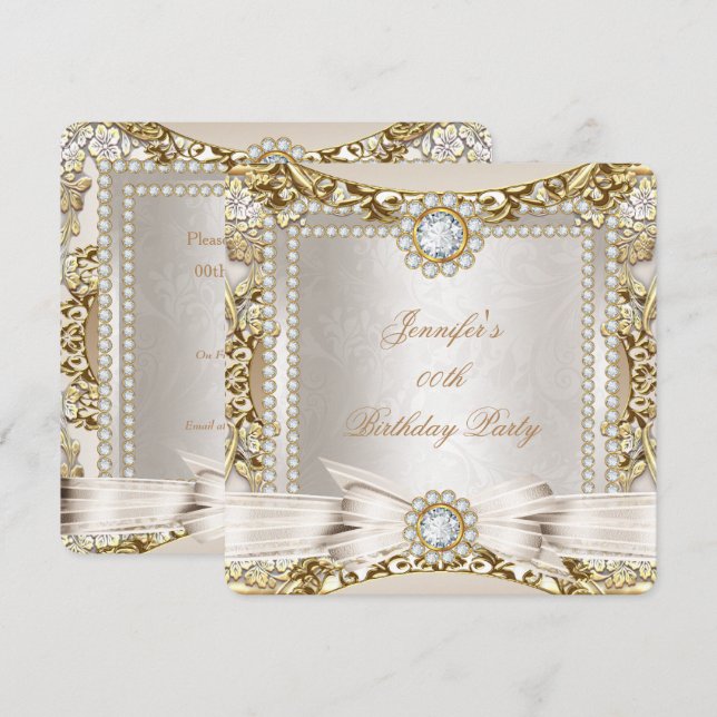 Elite Cream Gold Diamond Bow Damask Birthday Party Invitation (Front/Back)