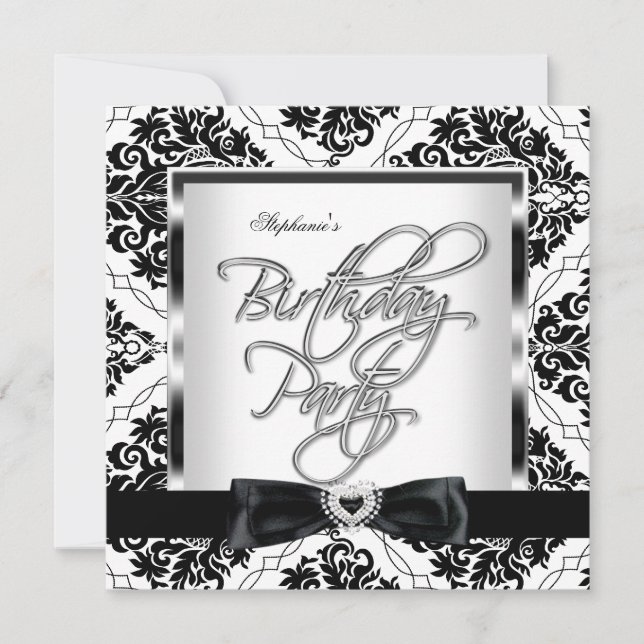 Elite Damask Silver Black White Birthday Party Invitation (Front)