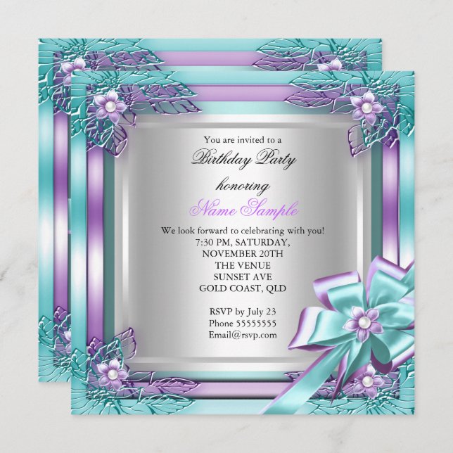Elite Elegant Birthday Party Teal Purple Silver Invitation (Front/Back)