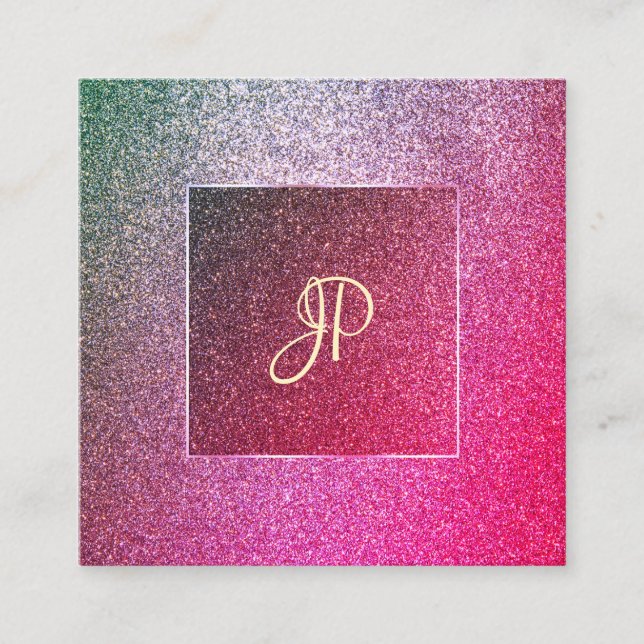Elite Glitter Template Handwriting Script Modern Square Business Card (Front)