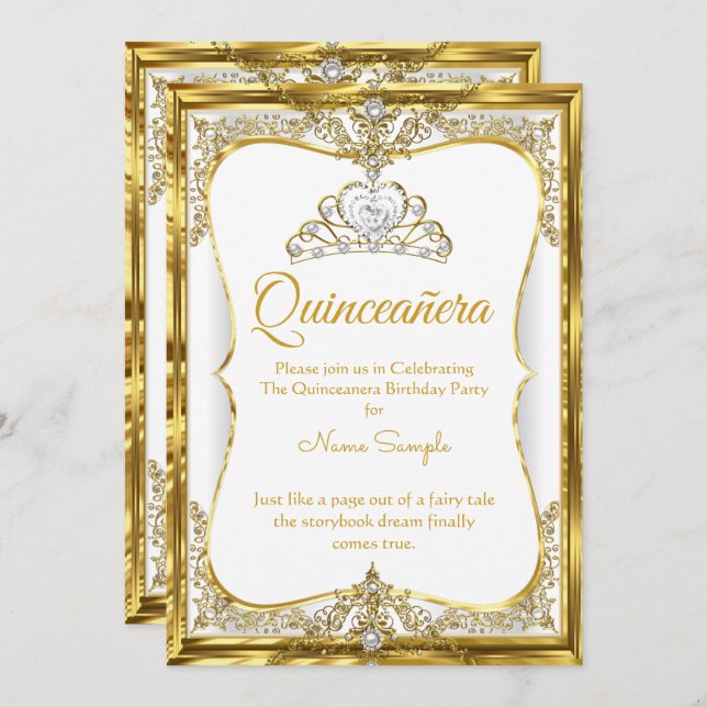 Elite Gold White Pearl Princess Quinceanera Invitation (Front/Back)