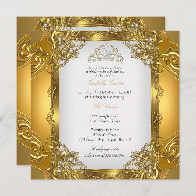 Elite Golden White Pearl Lace Tiara Birthday 2 Invitation (Front/Back)