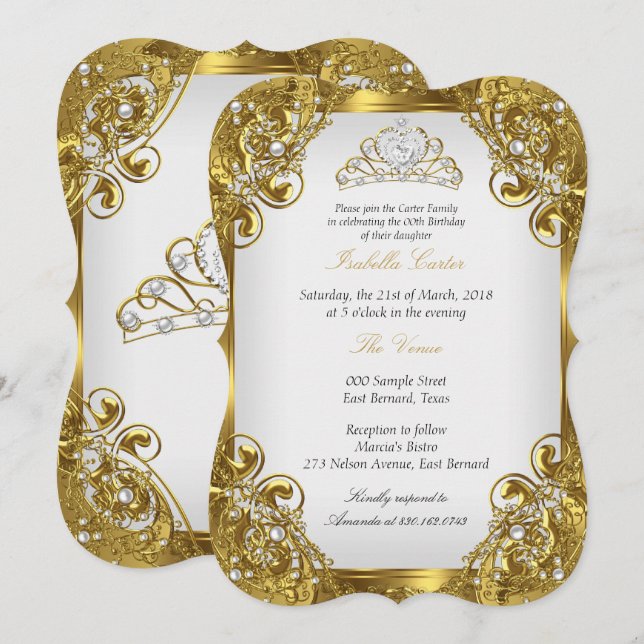 Elite Golden White Pearl Lace Tiara Birthday Party Invitation (Front/Back)