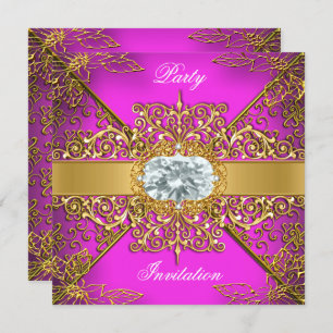 Elite Hot Pink Gold Damask Birthday Party Invitation