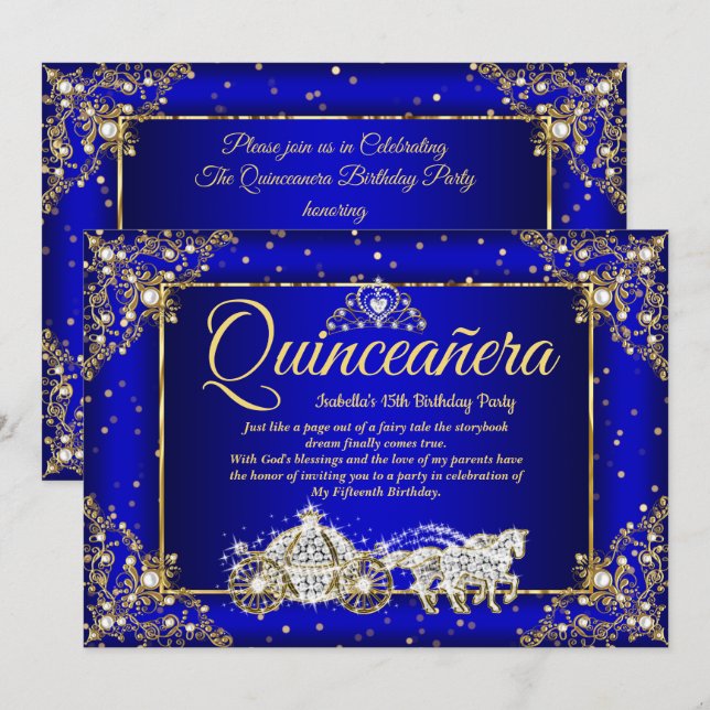 Elite Princess Quinceanera Royal Blue Gold Sparkle Invitation (Front/Back)