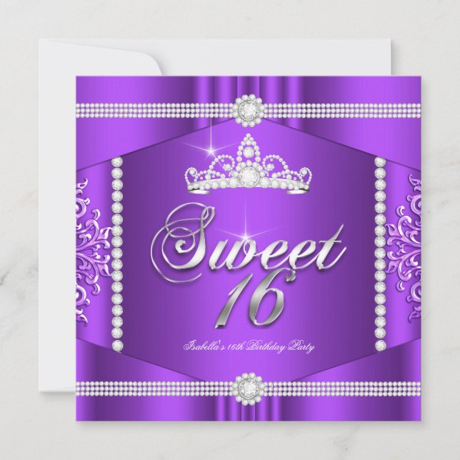 Elite Purple Lace Princess Sweet 16 Party Diamond Invitation (Front)