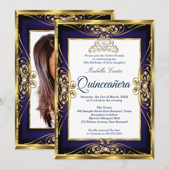Elite Quinceanera 15th Gold Navy Blue Tiara Photo Invitation (Front/Back)