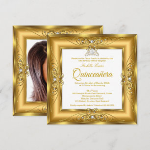 Elite Quinceanera 15th Gold Pearl Gem Tiara Photo Invitation